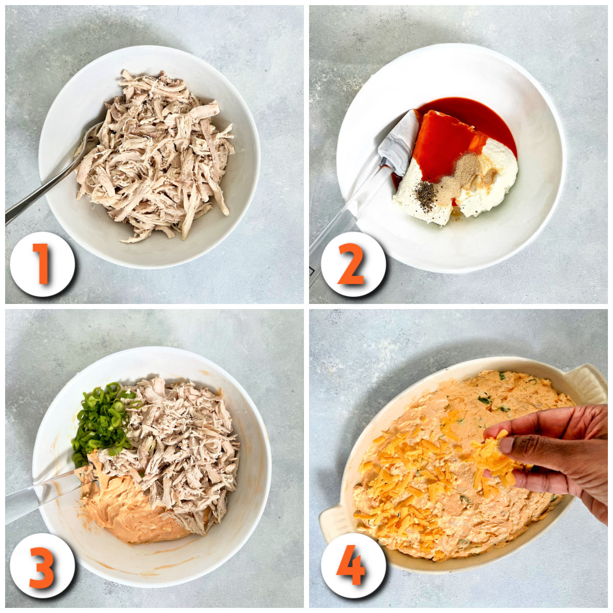 Steps 1-4 how to make buffalo chicken dip.