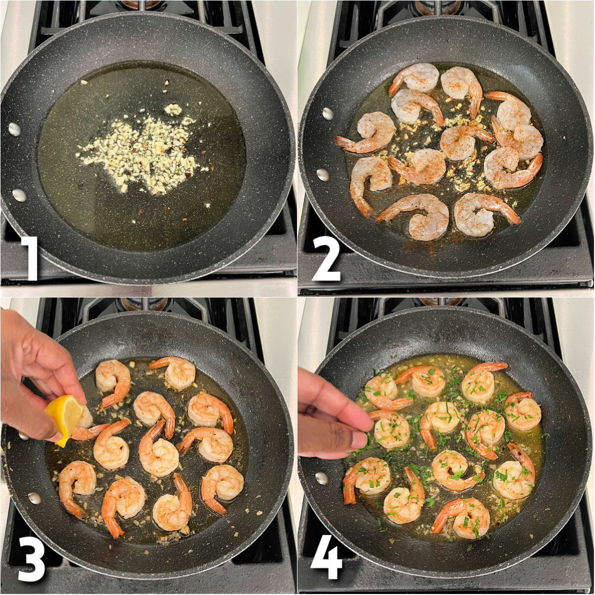 Collage of steps 1-4 how to make spanish garlic shrimp.
