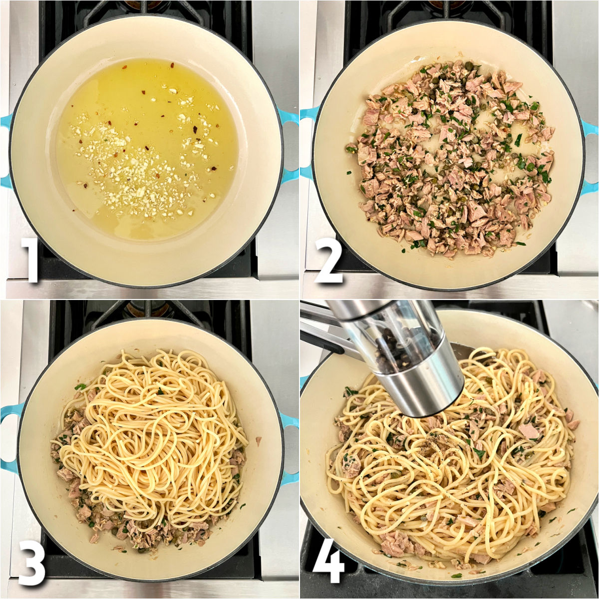 Steps 1-4 how to make tuna pasta.