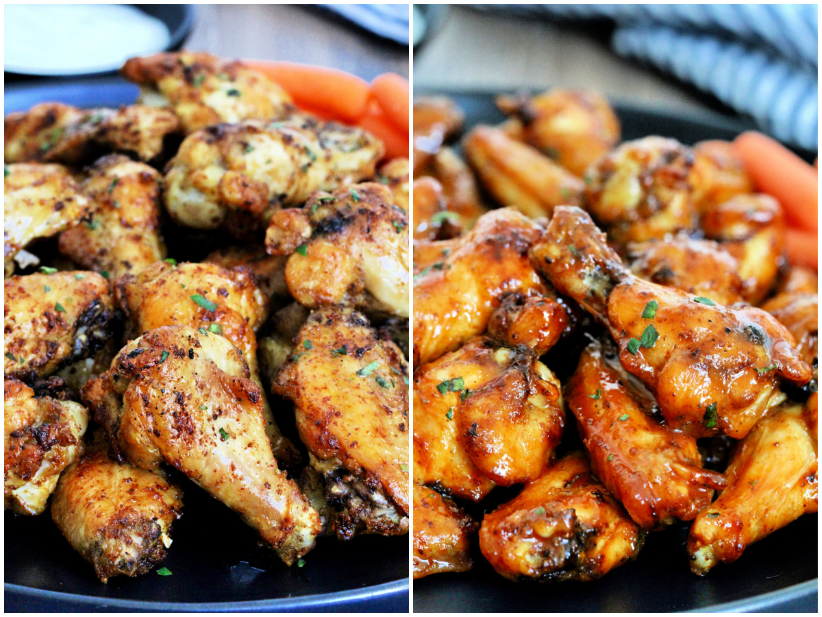 Side by side photos of air fryer chicken wings and air fryer buffalo chicken wings