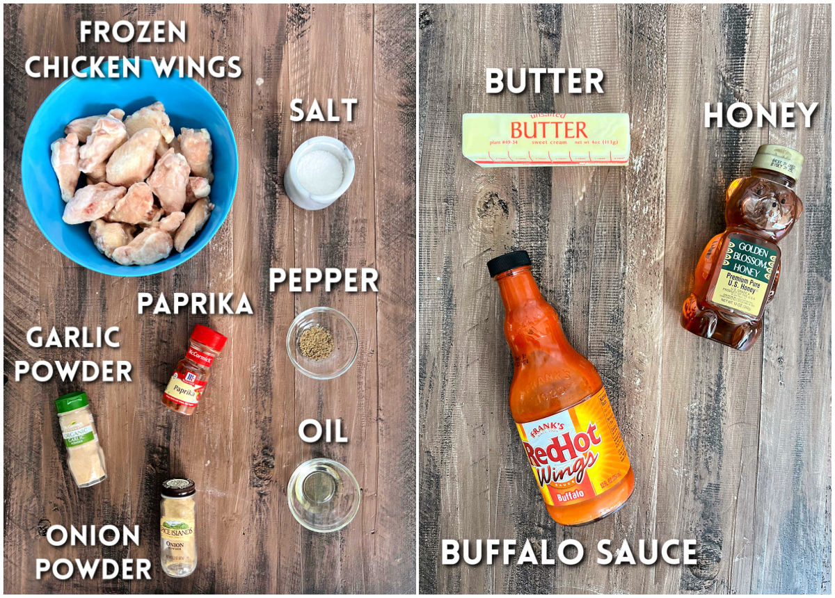 Ingredients for air fryer chicken wings and buffalo sauce