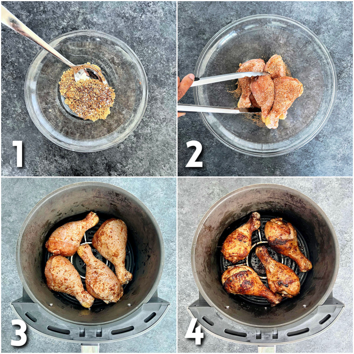 4 steps for making air fryer chicken legs.
