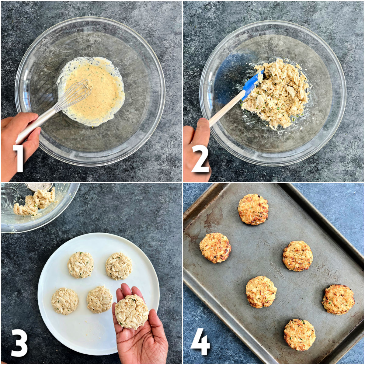 Steps for making Maryland-style Old Bay crab cakes.