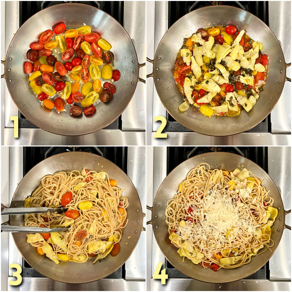4 steps for making Mediterranean pasta.