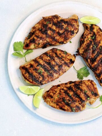 Overhead picture of grilled chicken with Mexican chicken marinade.