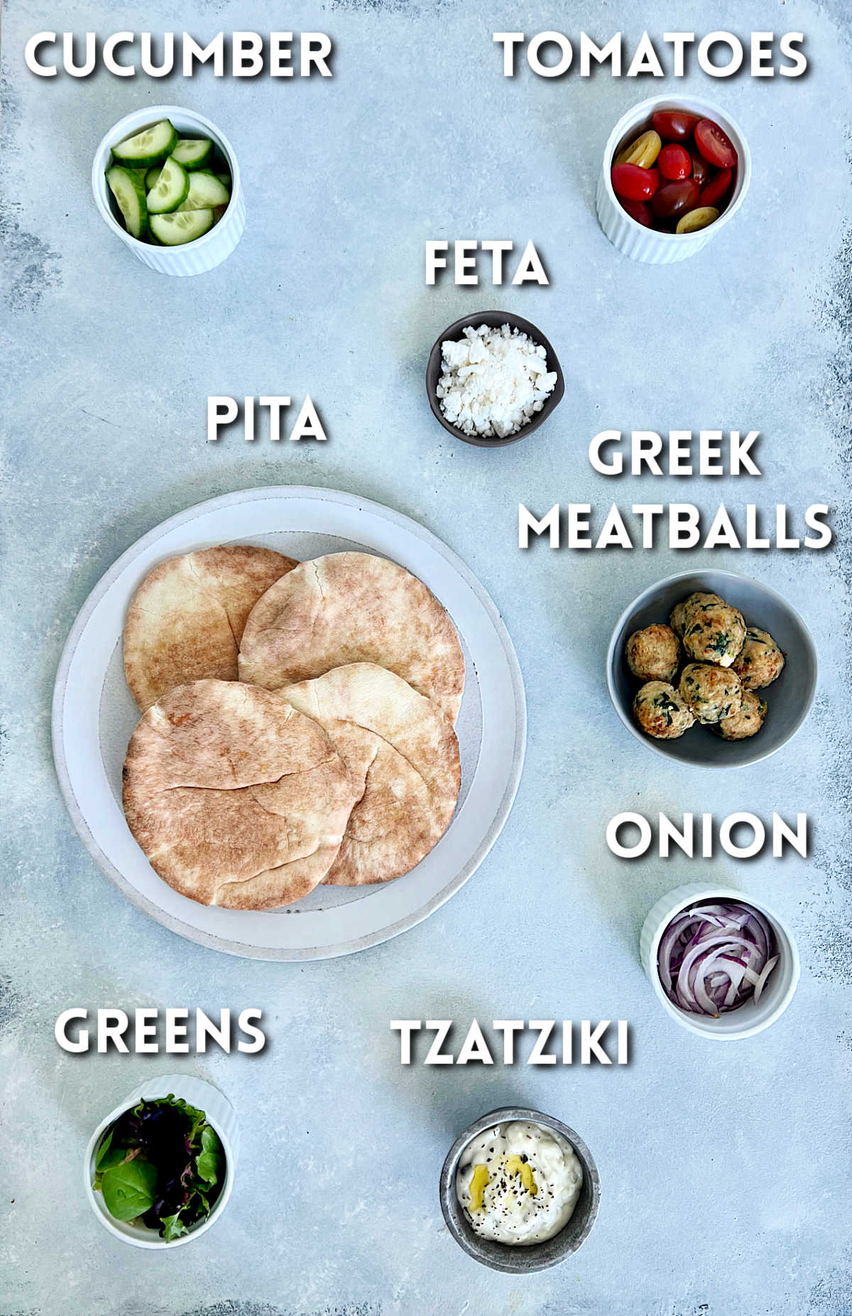 Ingredients for making Greek pita sandwiches.
