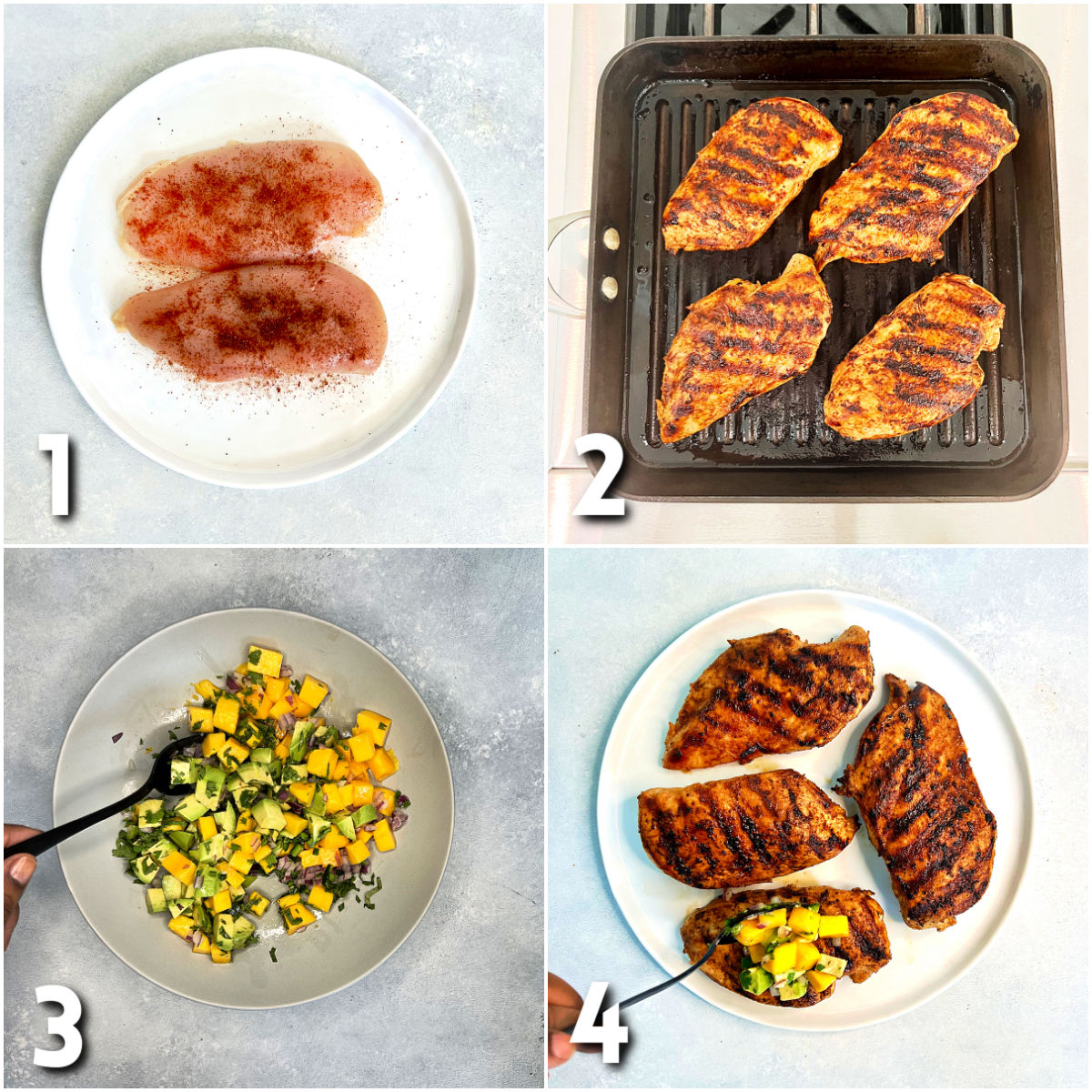Steps for making grilled chicken with mango avocado salsa.