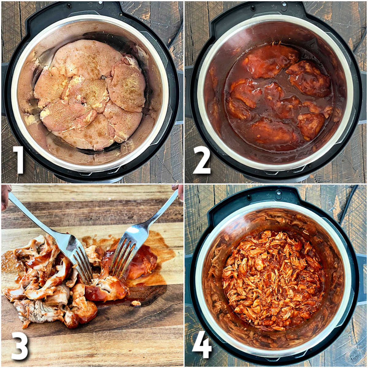 Steps 1-4 how to make slow cooker pulled chicken.