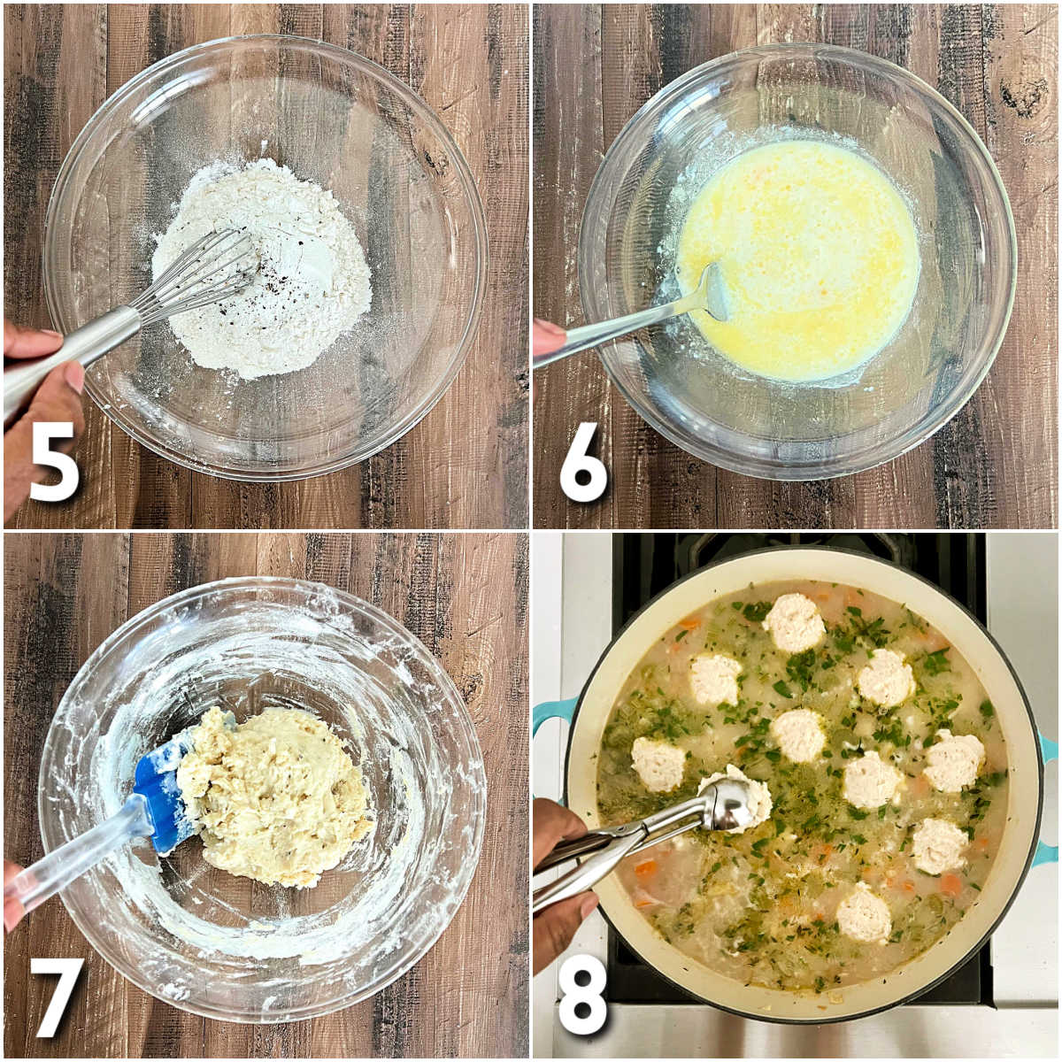 Steps 5-8 for making Chicken and Dumplings