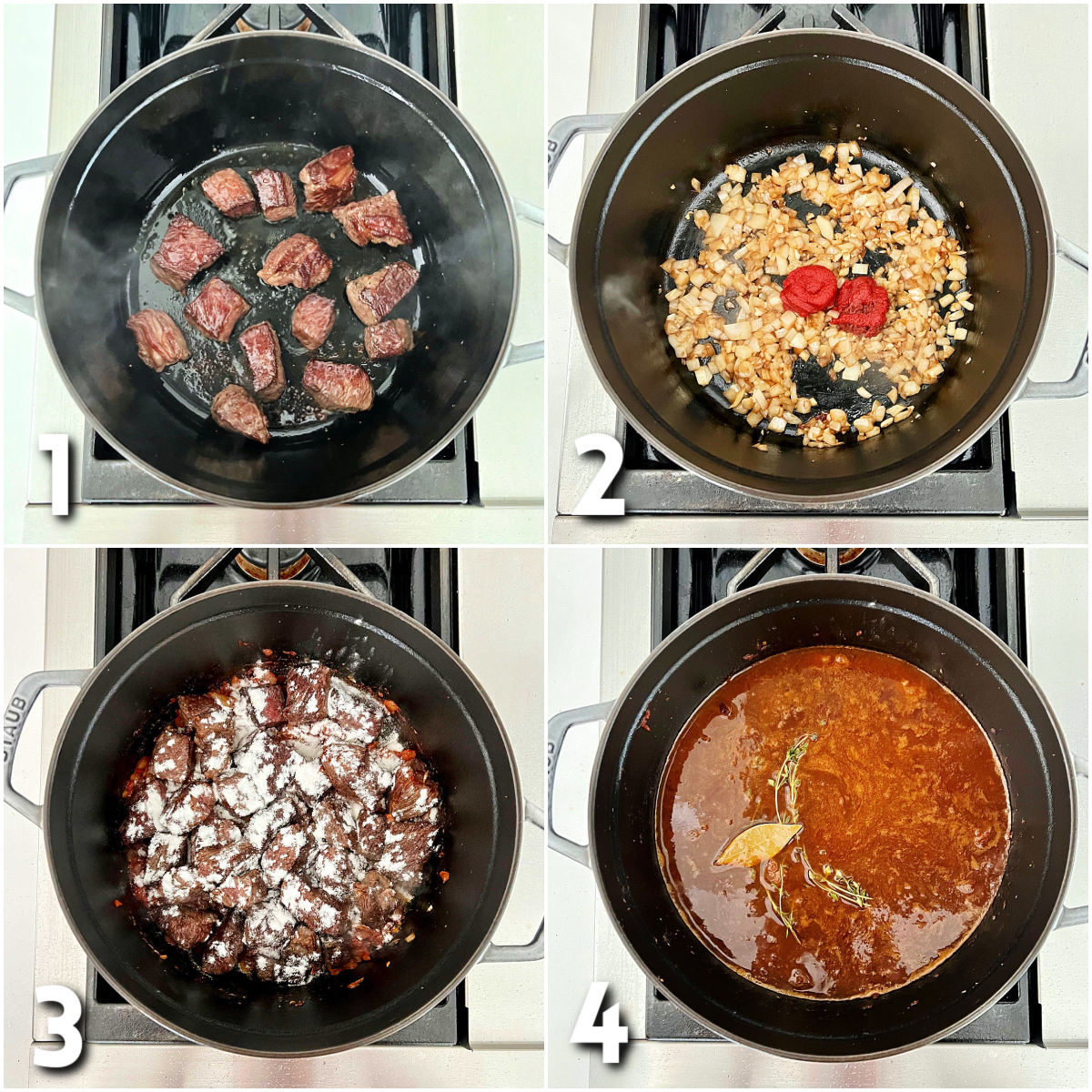 Steps 1-4 for making Classic Dutch Oven Beef Stew.