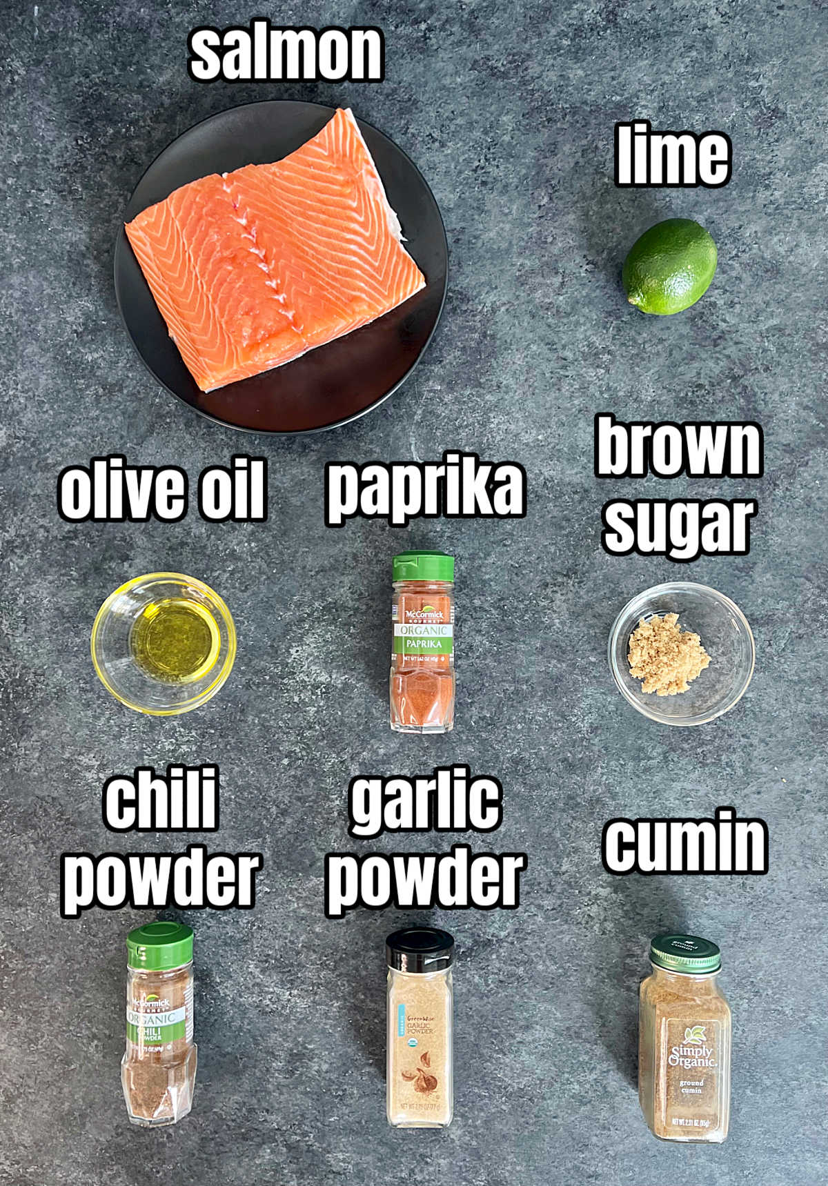 Ingredients for making Low Sodium Chile Lime Salmon.