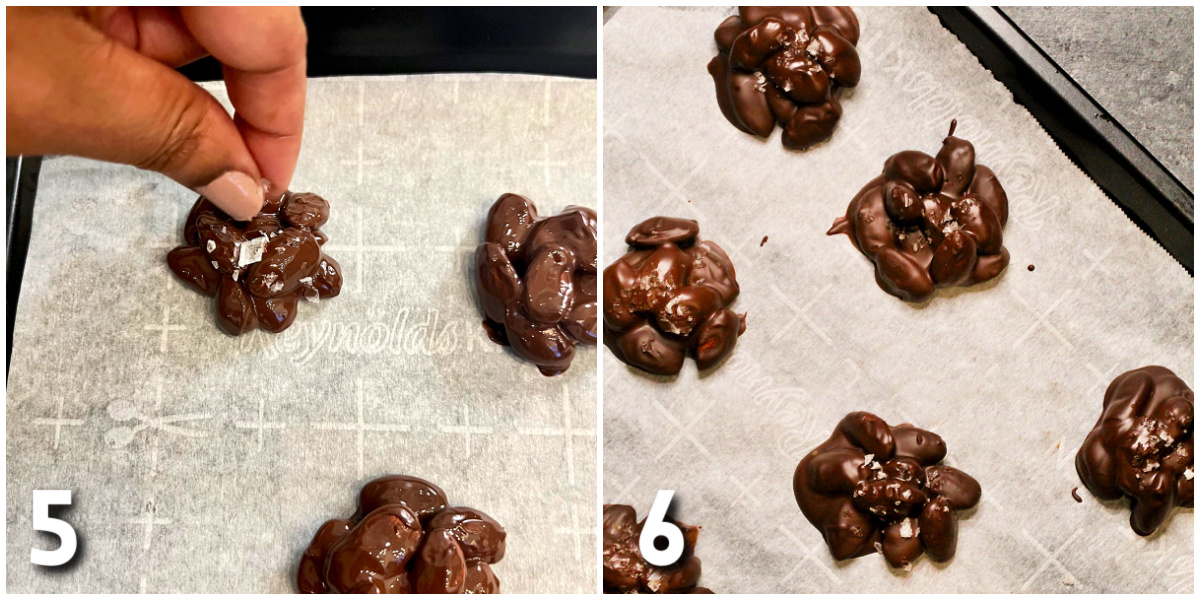 Steps 5-6 for making chocolate almond clusters.