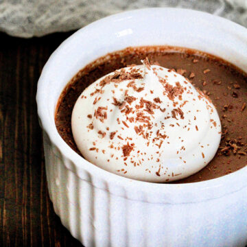 Chocolate pot de creme in a white ramekin
