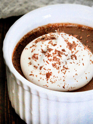 Chocolate pot de creme in a white ramekin