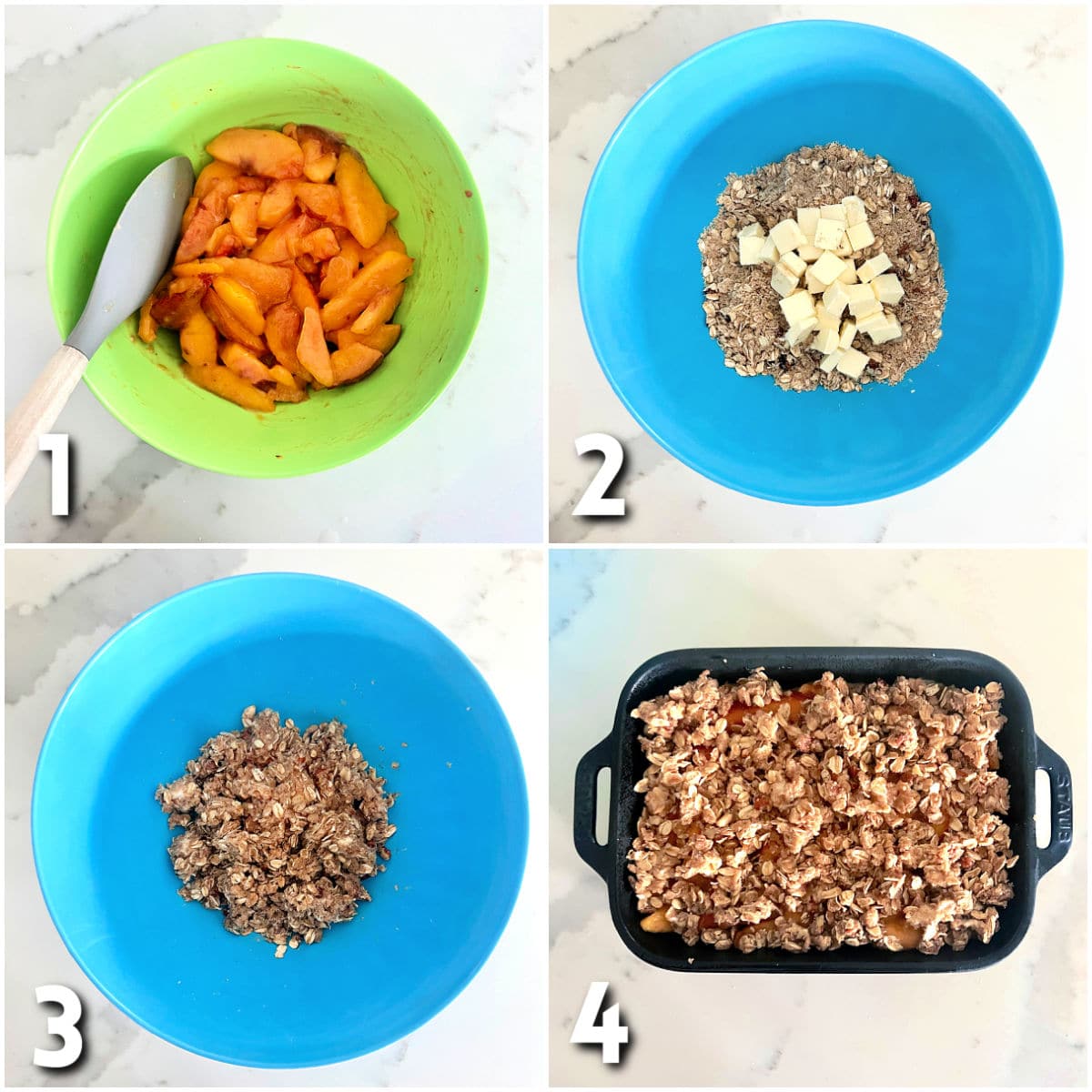 Steps for making a gluten free peach crisp.