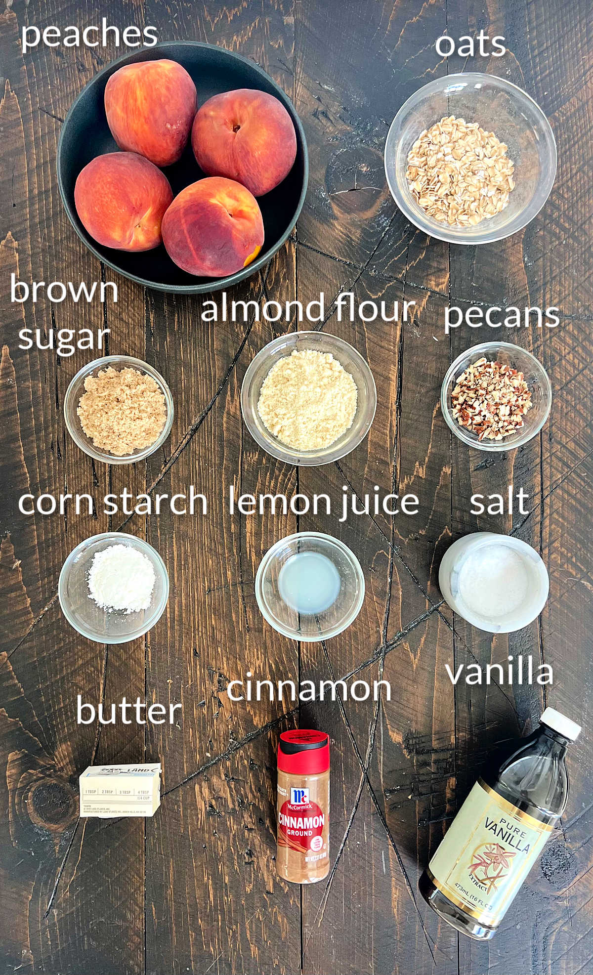 Ingredients for making a gluten free peach crisp.