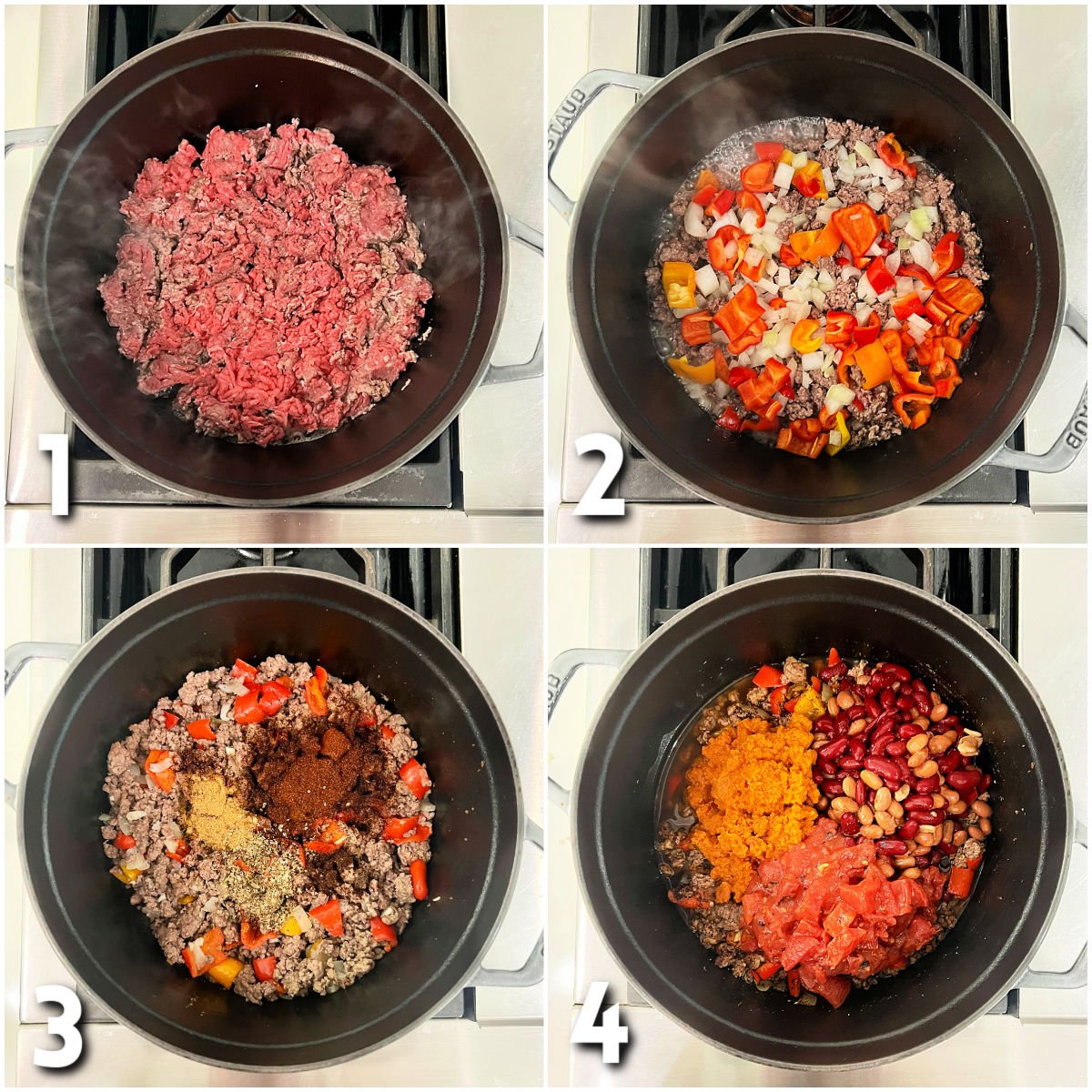 Browning ground beef in a Dutch oven, adding vegetables, spices, pumpkin, beans, and tomatoes.