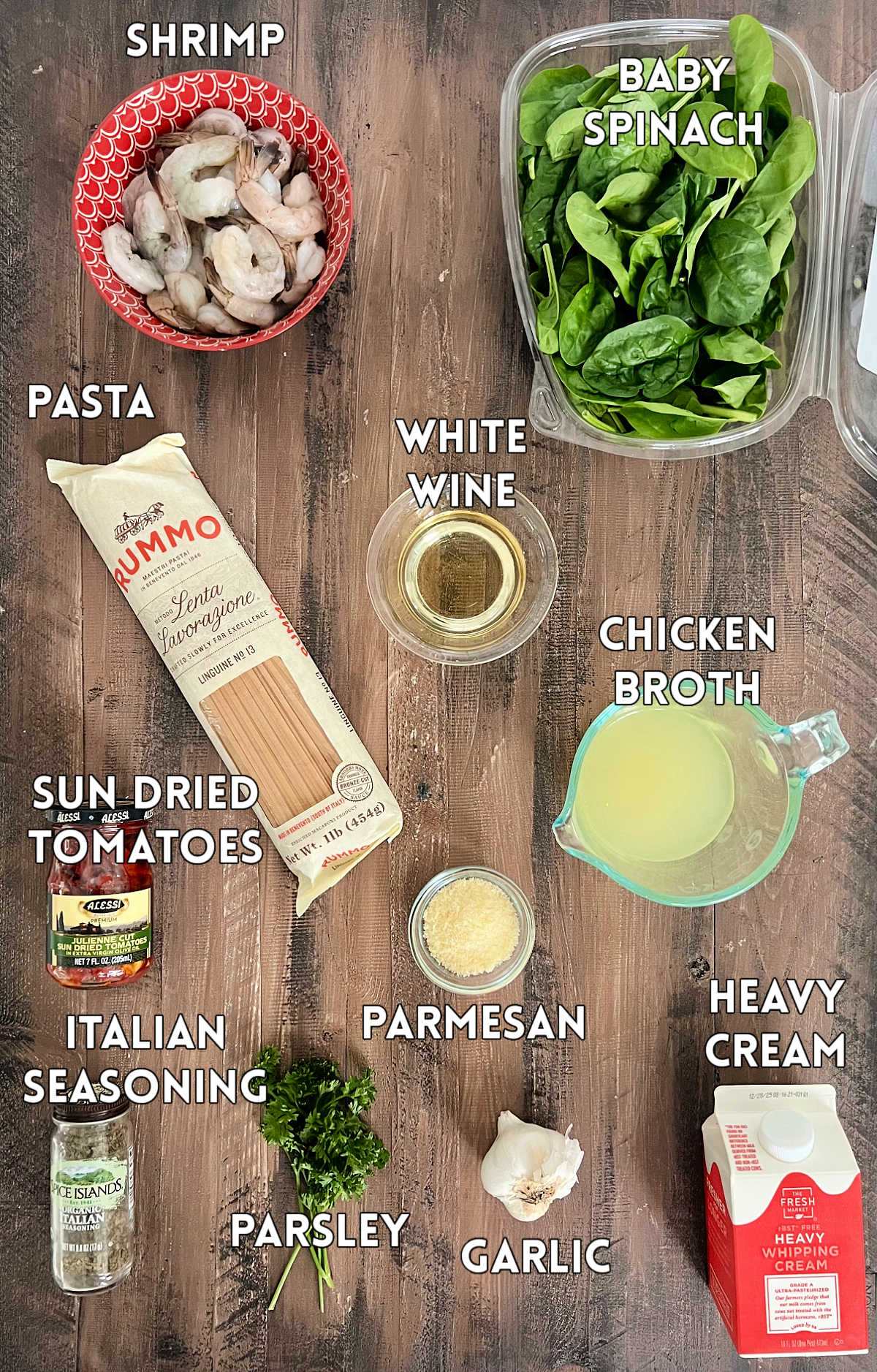 Ingredients for making Shrimp & Spinach Pasta