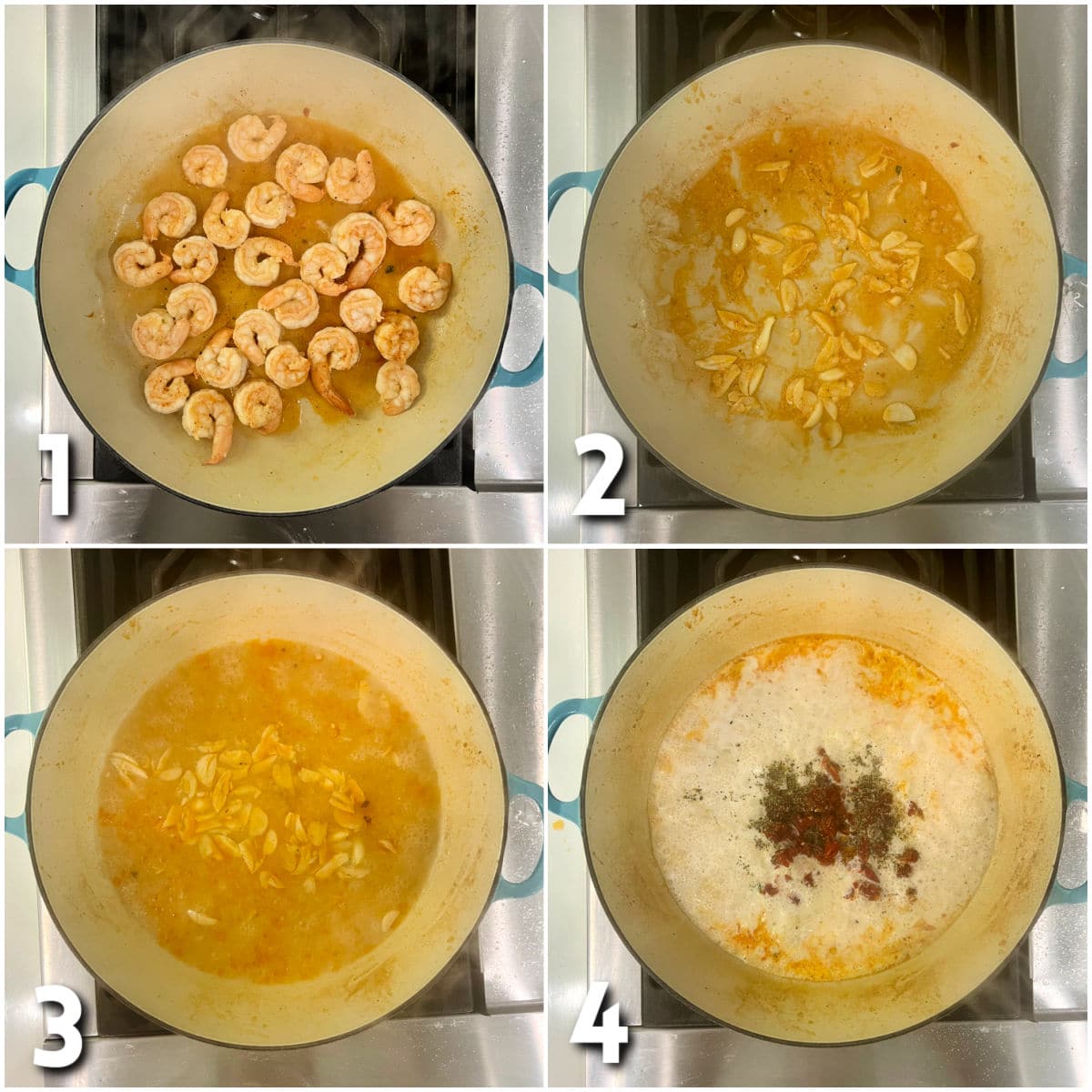 Steps 1-4 for making Shrimp and Spinach Pasta